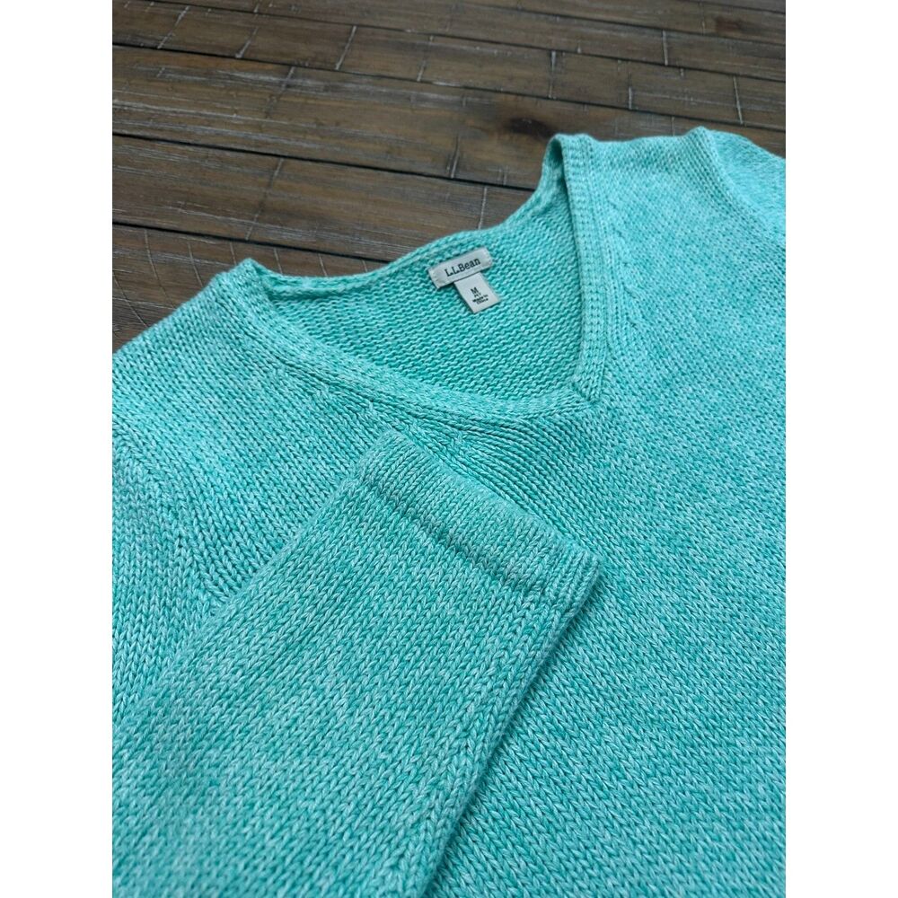 L.L.Bean Women's V Neck Knit Sweater Medium Petite Aqua Cotton Pullover